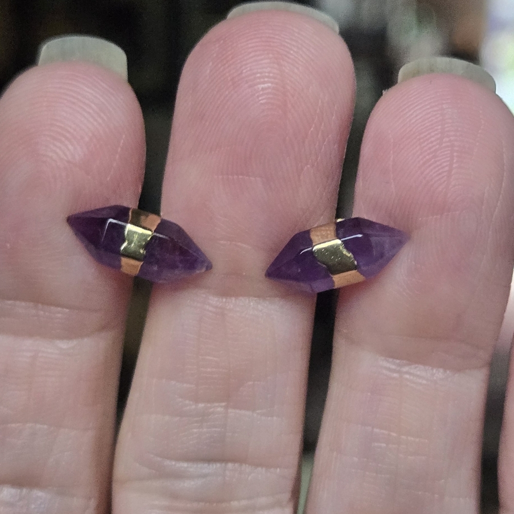Amethyst natural crystal gemstone sterling & gold earrings - Picture 5 of 8